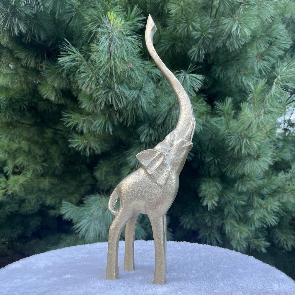 Brass Elephant Statue Trunk Up Large 19" Hollow Vintage Style Boho Decor MCM